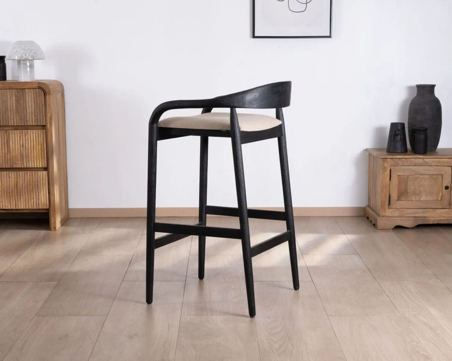 Meuble House Tabouret de bar noir design avec dosseret bois et assise rembourrée "Vogue" New