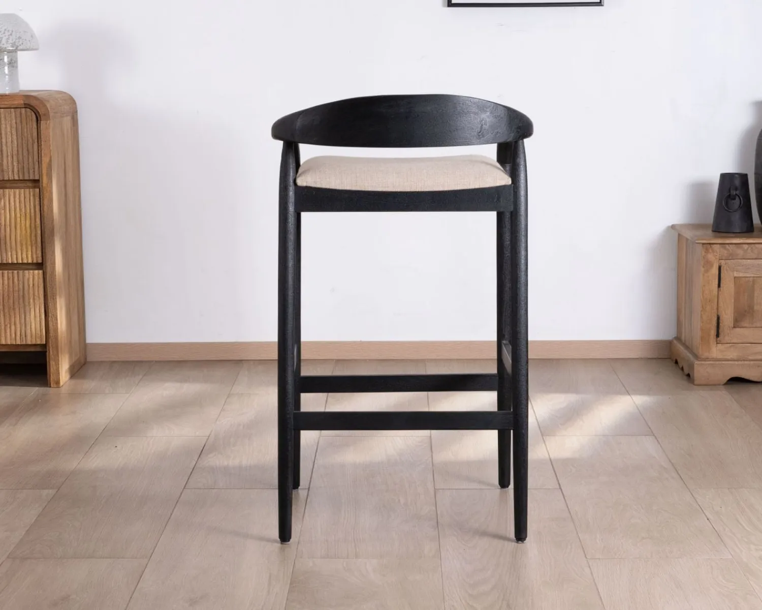 Meuble House Tabouret de bar noir design avec dosseret bois et assise rembourrée "Vogue" New