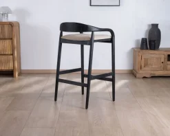 Meuble House Tabouret de bar noir design avec dosseret bois et assise rembourrée