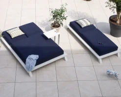 Meuble House Transat 2 places bleu et blanc haut de gamme Sunbrella 