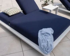 Meuble House Transat 2 places bleu et blanc haut de gamme Sunbrella 