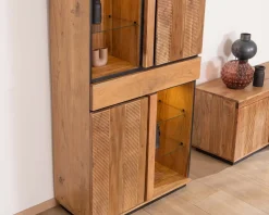 Meuble House Vaisselier contemporain acacia et liserés noirs "Lumino" niches avec étagères vitrée et éclairage LED Clearance