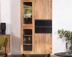 Meuble House Vaisselier contemporain en acacia avec portes vitrées et tiroirs noirs 