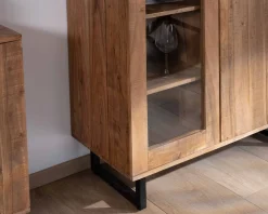Meuble House Vaisselier contemporain en acacia avec portes vitrées et tiroirs noirs 