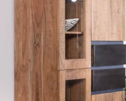 Meuble House Vaisselier contemporain en acacia avec portes vitrées et tiroirs noirs 