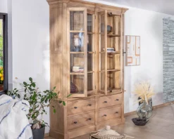 Meuble House Vaisselier en manguier massif 170 cm avec portes vitrées et tiroirs 